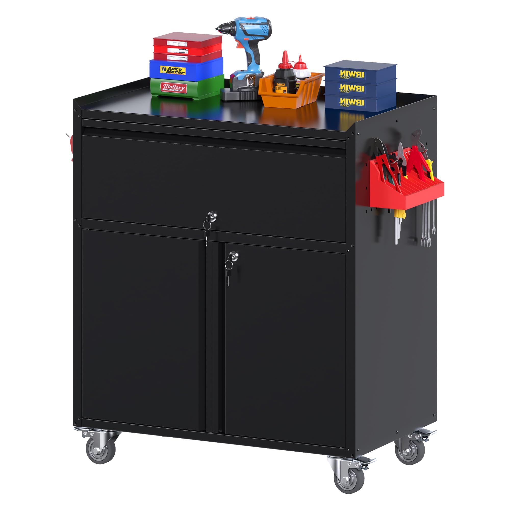 Reemoon 35inch H Metal Garage Storage Cabinet On Wheels,1Drawer Tool Storage Cabinet With Pegboard And 4 Hooks For Garage, Home, Office,Assembly Requi