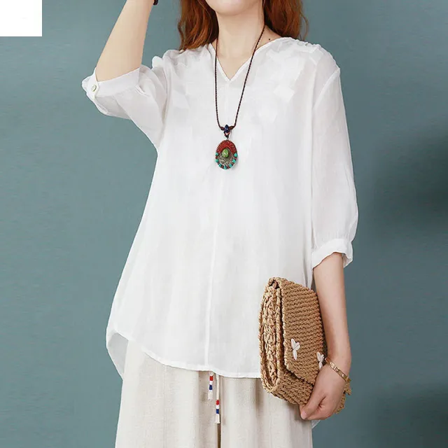 Cotton And Linen Summer Front Short Back Long Embroidered T shirt Loose Women's Top White - Shop at LoveMi