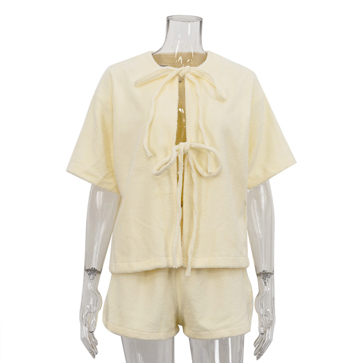 Terry Cloth Tie Front Short Sleeve Jacket & Elastic Waist Casual Shorts 2-Piece Loungewear Set 6
