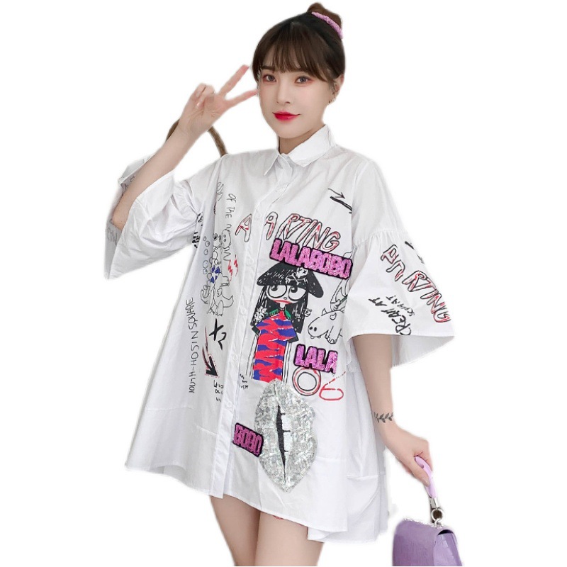 Title 2, Cartoon Flared Sleeves Slim Mid-length Skirt