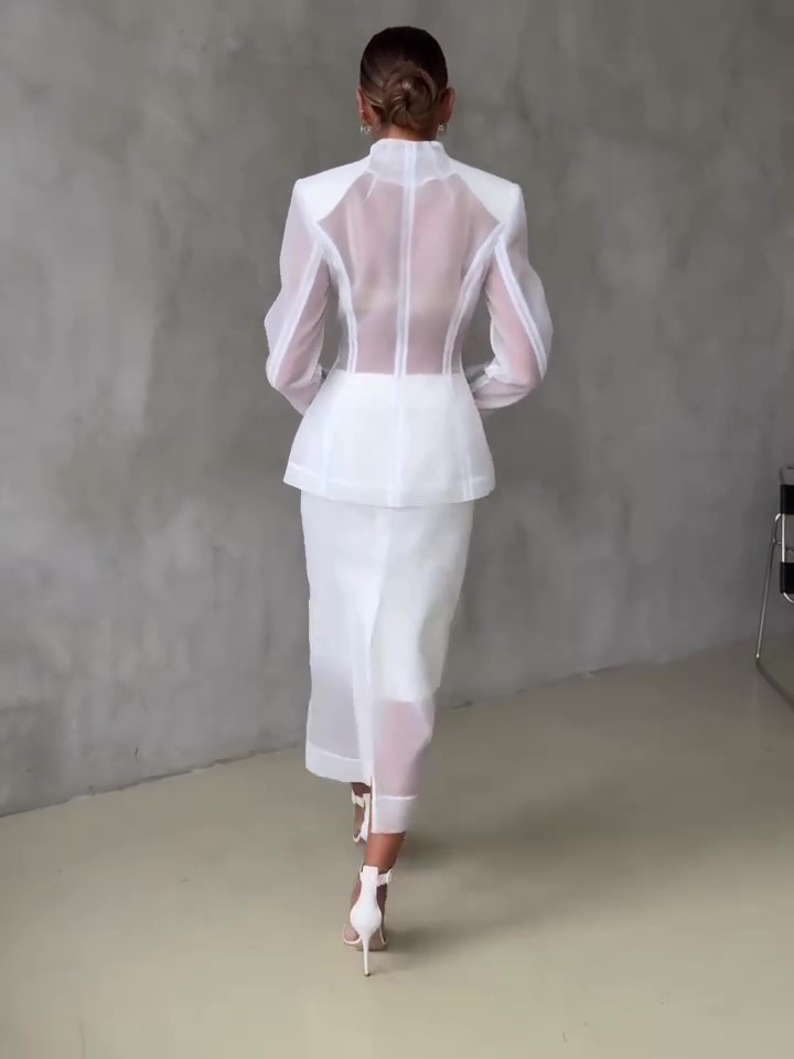 White Organza Tailored Blazer & Sheer Midi Skirt 2-Piece Set