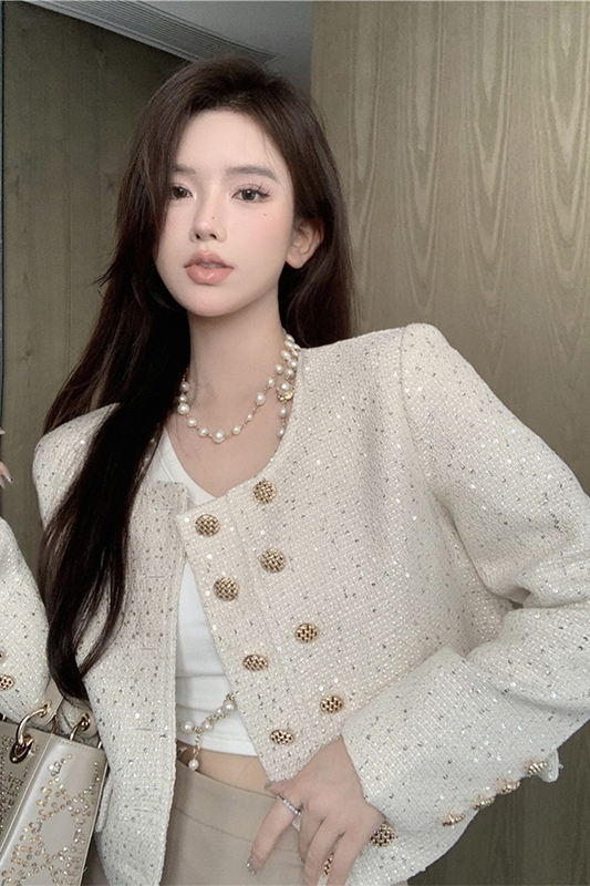 Sequin Crew Neck Wool Cropped Jacket