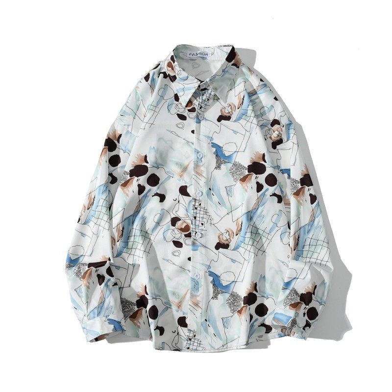 Vintage Design Hong Kong Style Print Draped Oil Painting Shirt