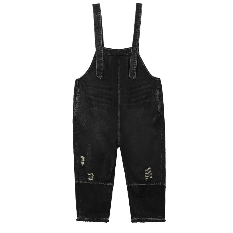 Fashion Distressed Denim Strap Pants - Black
