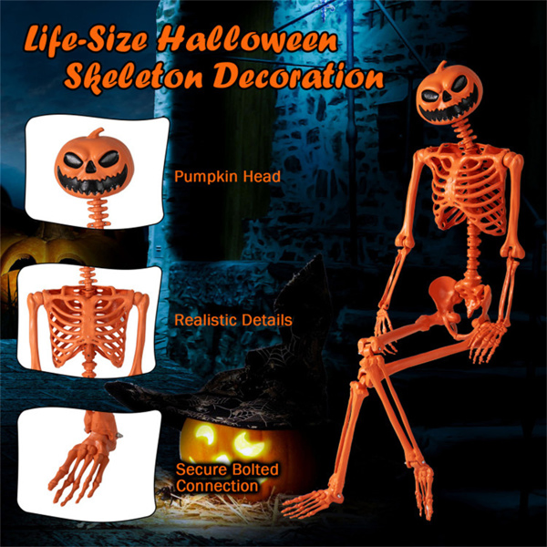 5.5ft Life-Size Halloween Skeleton with Pumpkin Head - Orange Color, Fully Poseable Joints (Jaw/Shoulders/Knees), PP+PE Material-19