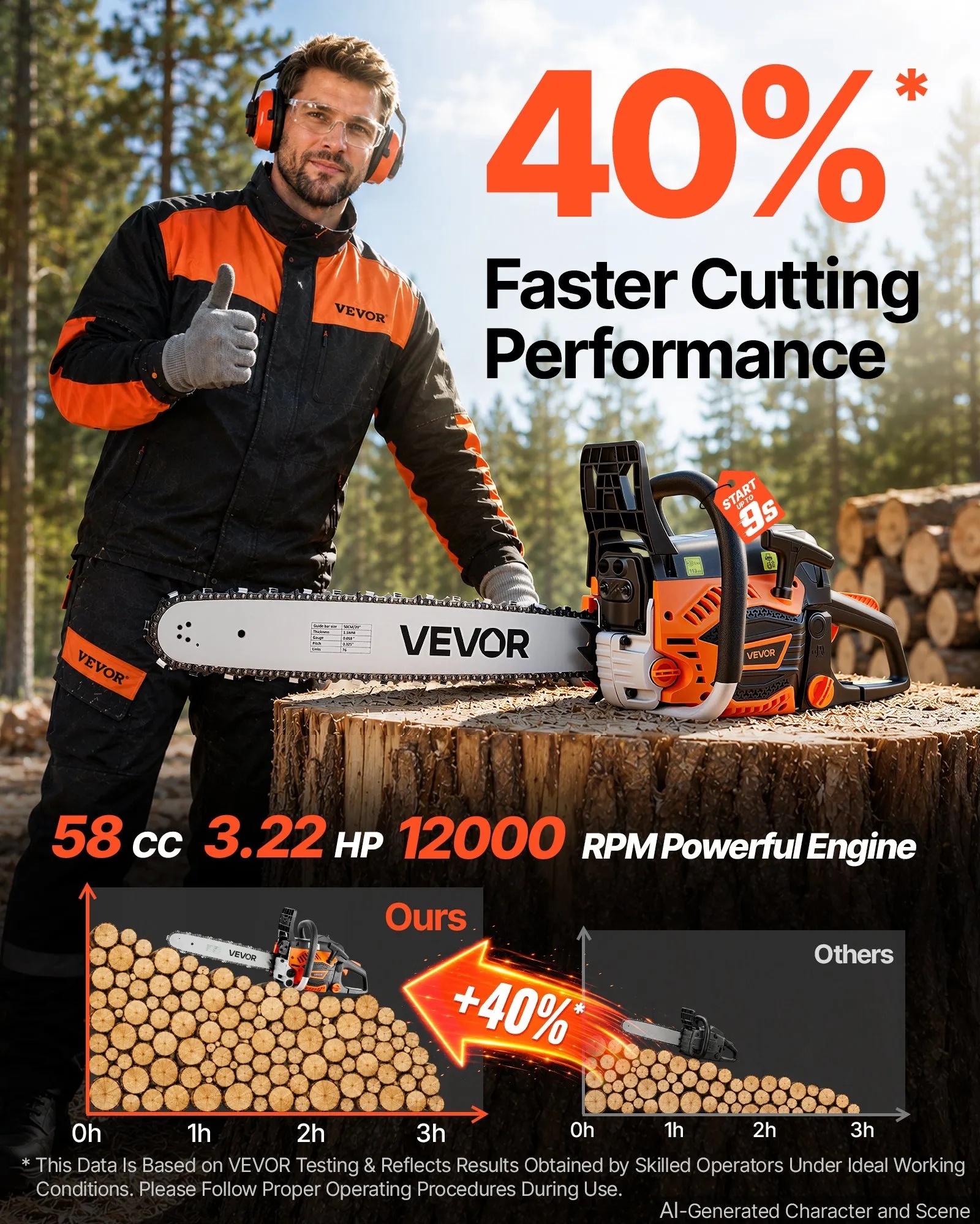 Gas Powered Chainsaw 20 Inch 58CC 3.22HP 2 Stroke Engine Gas Chainsaw, For Wood Cutting, Tree Trimming & Land Clearing, Throttle-Synced Choke, Power Chain Saw With Non-Slip Handle & Dual Tanks image 8