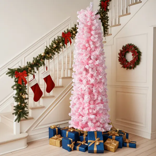 7.5 FT Snow Flocked Hinged Christmas Tree, Artificial Pencil Christmas Tree, Unlit Artificial Christmas Pine Tree With 641 Branch Tips And Sturdy Stand, Pink