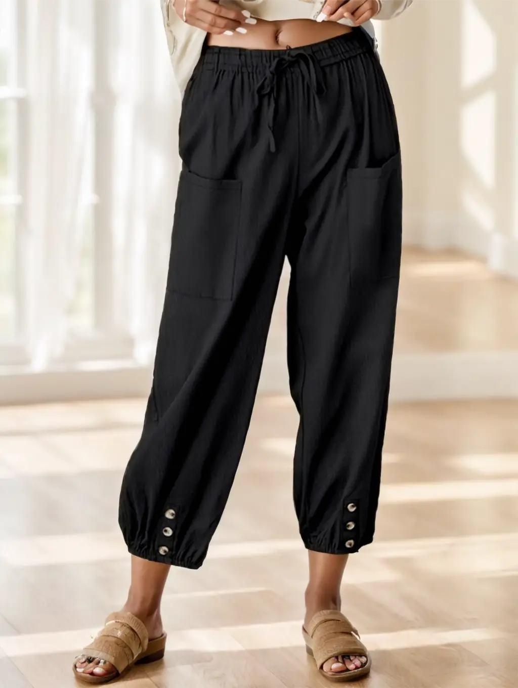 Wide Leg Capri Pants, Loose Casual Drawstring Waist Pants, Women's Clothing