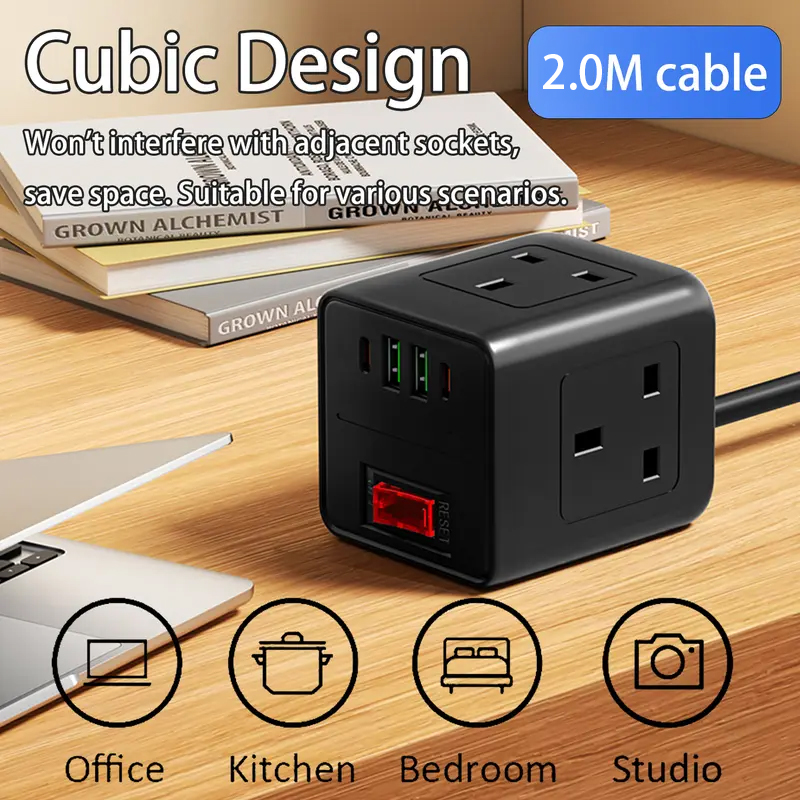 Cube Socket With Switch, 3 Way Multi Plug Cable Extension Socket With 2 USB & 2 Type-C Slots,2M Extension Cords For Home Dorm Office Travel