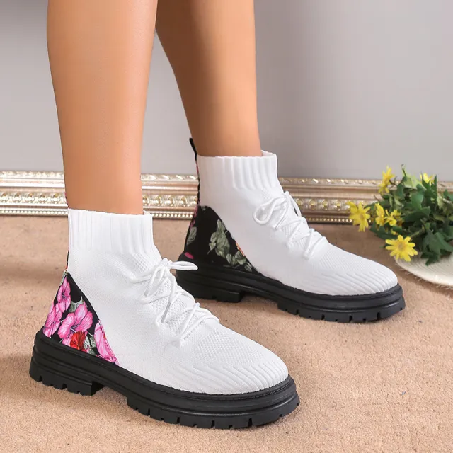 Flowers Print Sock Boots Knitted Mesh Shoes Breathable High top Elastic Slip on Shoes For Women Autumn Winter Ankle Boots White - Shop at LoveMi