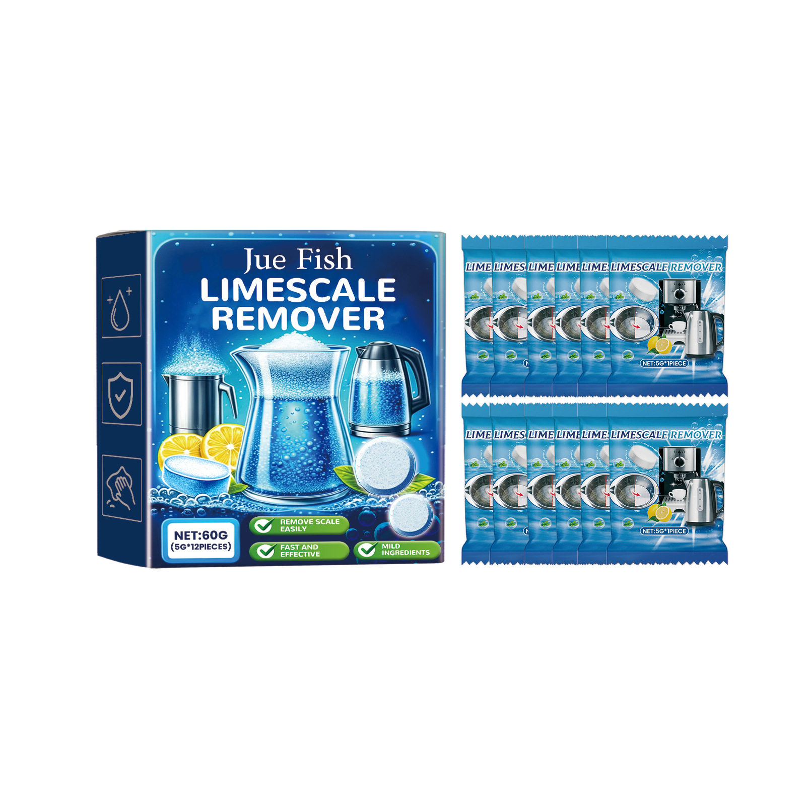 JueFish Limescale Cleaning Effervescent Tablets For Stainless Steel Cookware And Kettles, Lemon Descaling Tablets.
