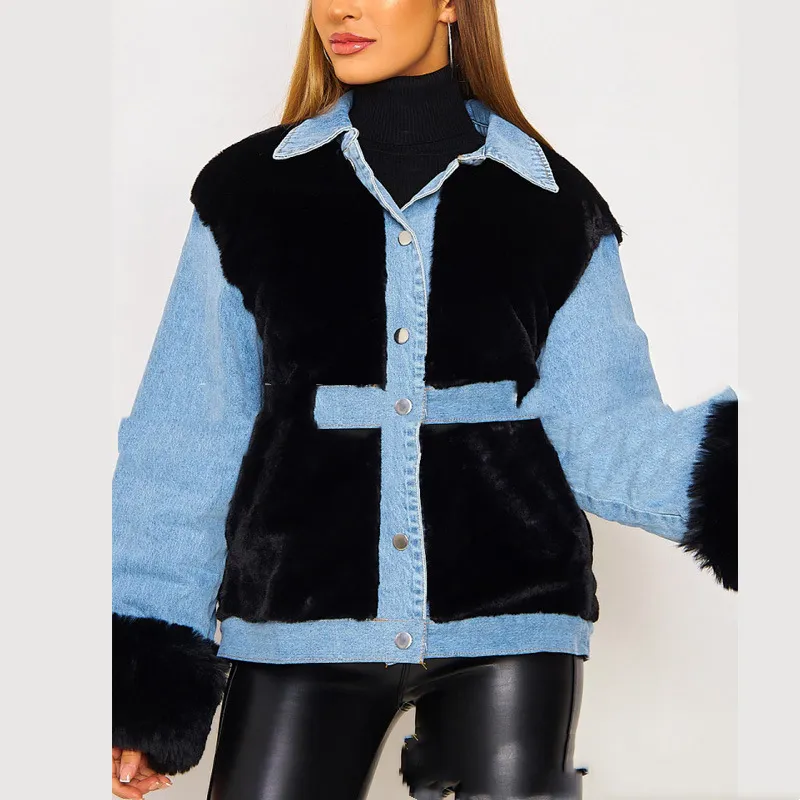 Plush Denim Stitching Warm Jacket Autumn And Winter - Blueblack
