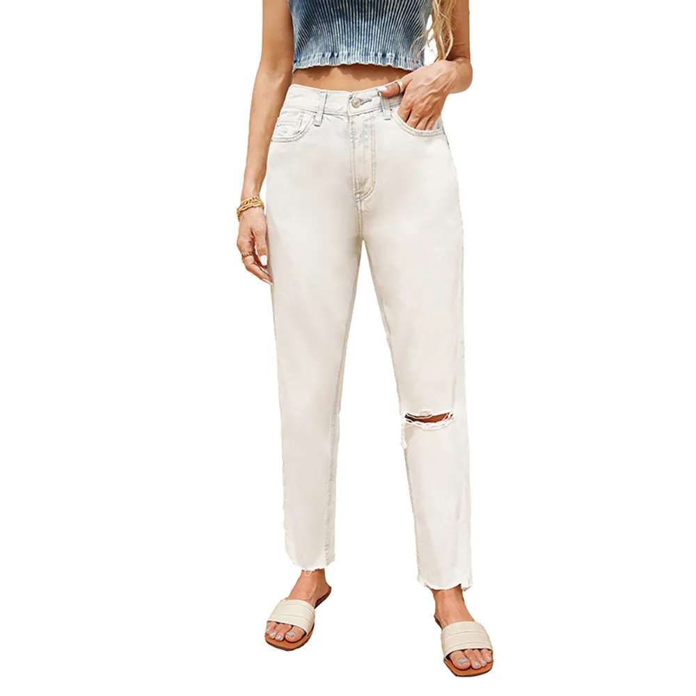 Fashion Sexy Ripped Raw Edge High Waist Ladies Cropped Jeans - H-Xl