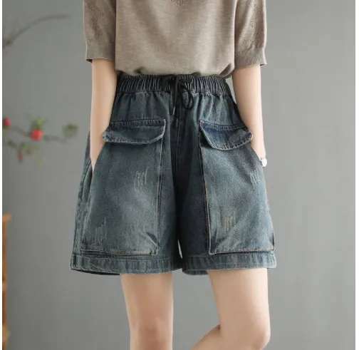 High Waist Plus Size Denim Shorts Women's Literary And Artistic Distressed Wide Leg Jeans Vintage Blue - Shop at LoveMi