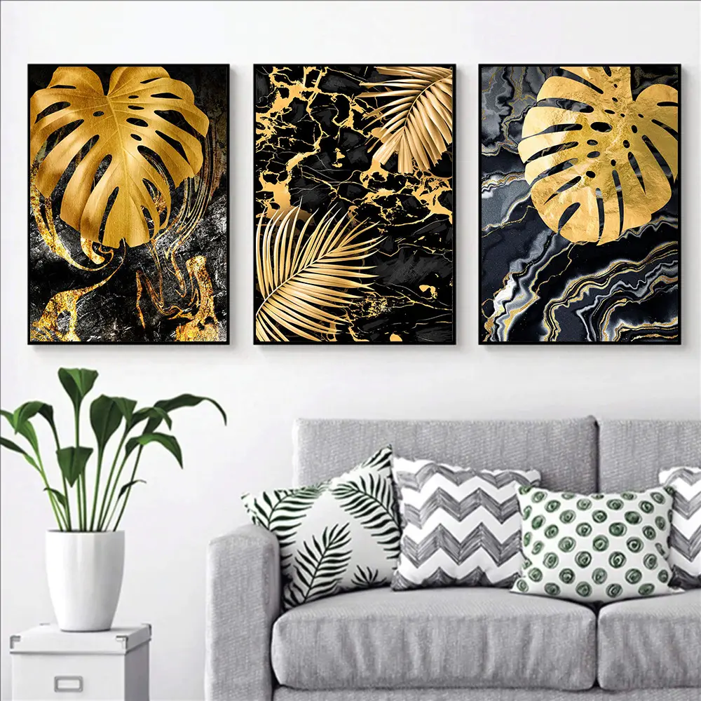 Black Gold Marble Tropical Plants Poster Canvas