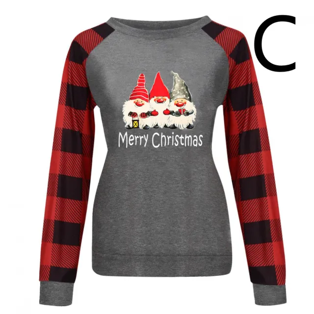 Round Neck Long sleeved Color Matching Plaid Christmas Print Sweater Women C L - Shop at LoveMi