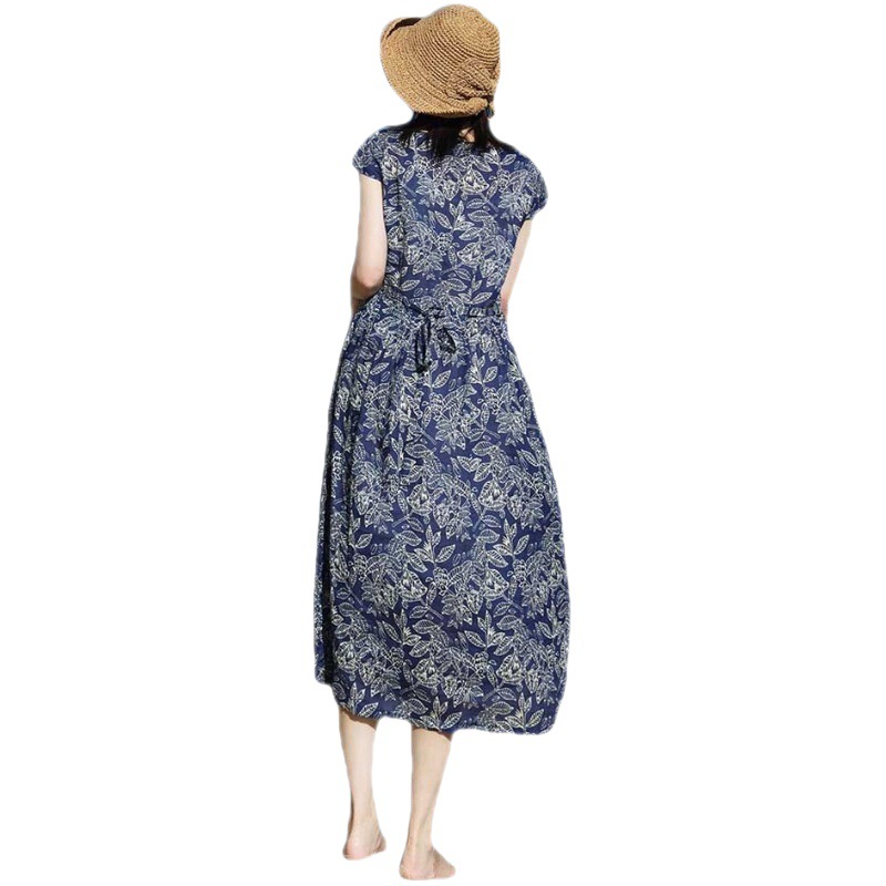 Lazy Blue Floral Short Sleeve Cotton Linen Dress