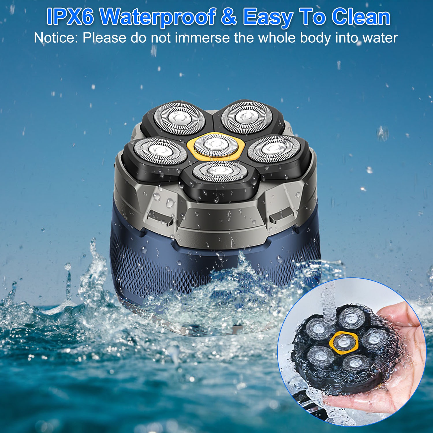 1Pc  Cordless Electric Head Shaver For Men 6D Magnetic Floating Head IPX6 Waterproof Wet Dry Shaving Electric Razor Type-C Rechargeable Trimmer With LED Digital Display For Bald Man