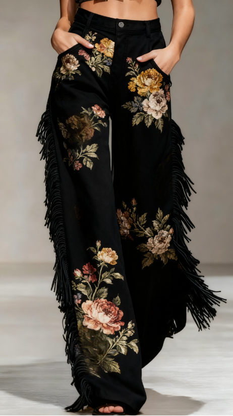 Pantalon large à franges et imprimé floral rétro