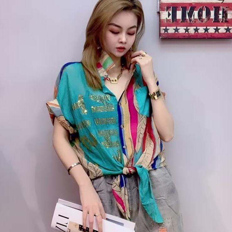 Printed Color-blocking Chiffon Top All-match Loose-fitting Slimming Bottoming Shirt