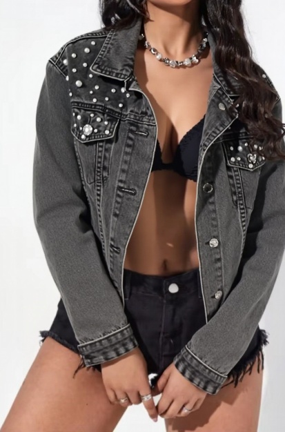 Women Pearl Studded Denim Jacket Black Washed Embellished Jean Jacket Fashion Streetwear Outerwear US Ready Stock
