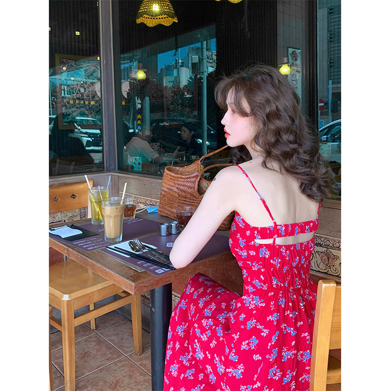 French Retro Red Small Floral Suspender Skirt For Women