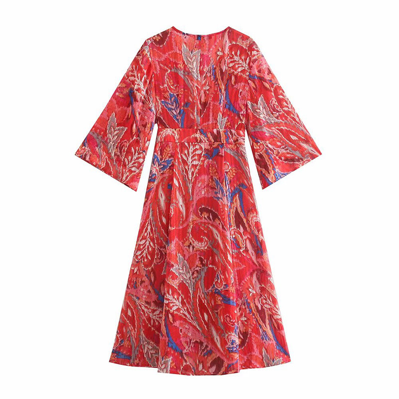 Red Printed V-neck Long-sleeved Breasted Dress