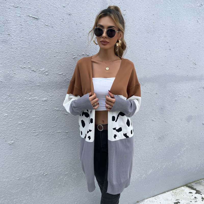 Title 3, Long Leopard Print Panel Cardigan Knitted Sweat...