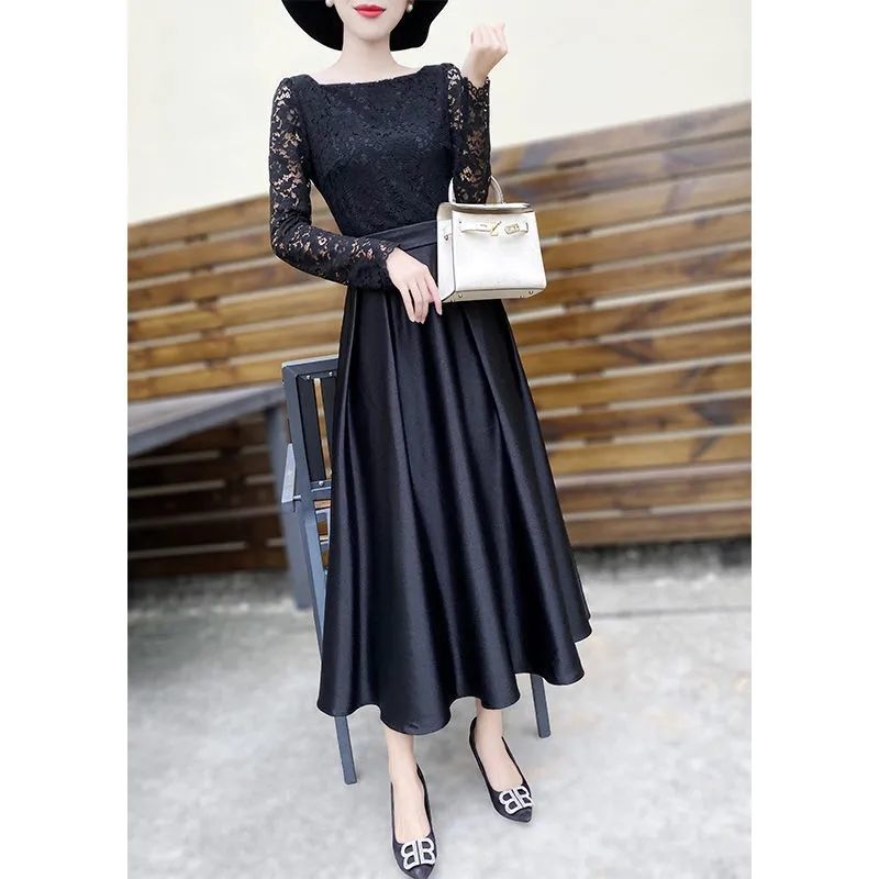 Patchwork Satin Fake Two piece Slim Annual Party Dress Black - Shop at LoveMi