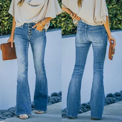 High Waist Bell Bottom Jeans Trendy Wear Washed Out Street Style Women's Denim Pants