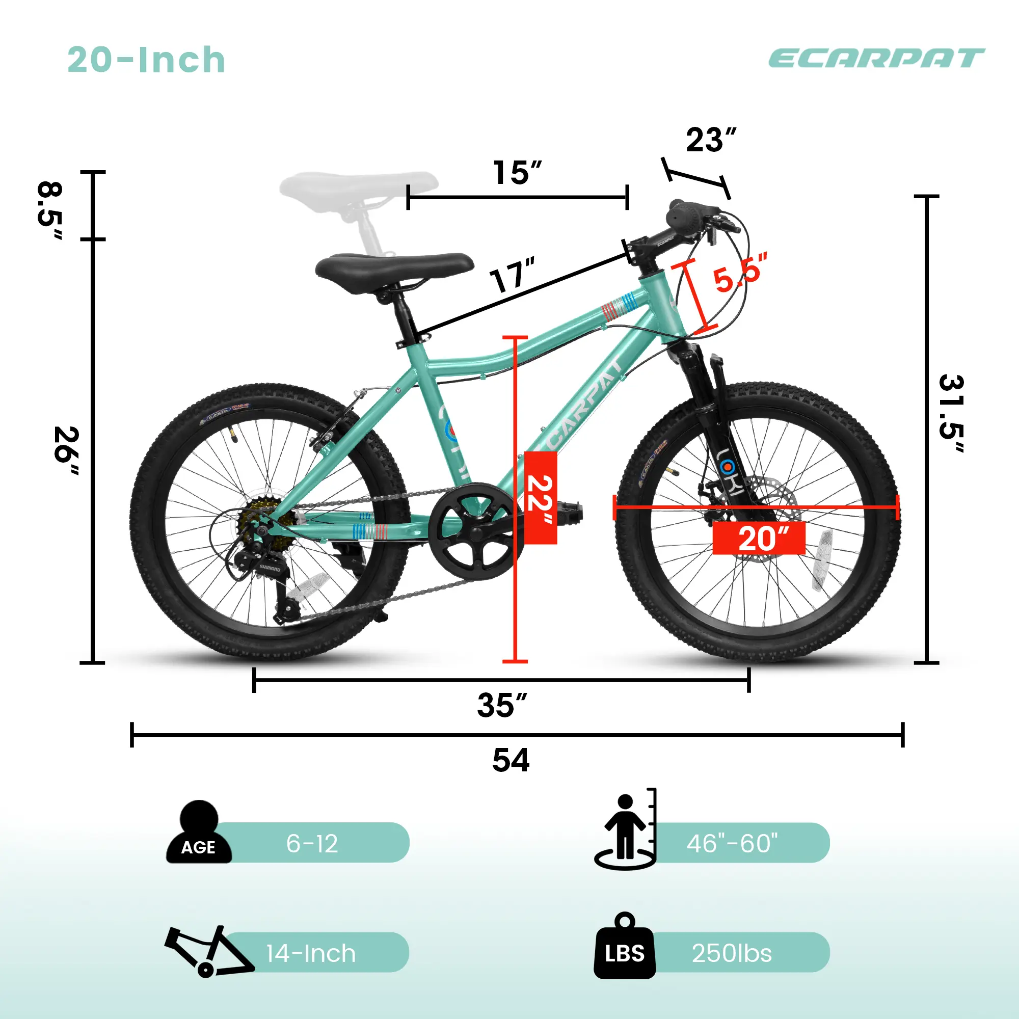 S20101 20 Inch Kids' Bike, Boys Girls Mountain Bike Ages 6-12, 7 Speed Teenager Children Kids' Bicycles, Front Suspension Disc Brake Rear V-Brake, High Steel Fr