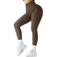 High Waist Seamless Leggings Threaded Knitted Fitness Pants Solid Women's Slimming Sports Yoga Pants Elastic Running Sport Leggings - Coffee - View 1