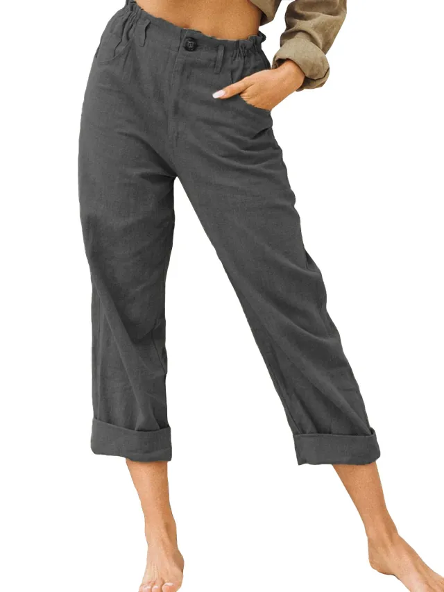 Patchwork Pant Women's Cotton Linen Pants Drawstring Back Elastic Waist Pants Loose Casual Trousers Grey - Shop at LoveMi