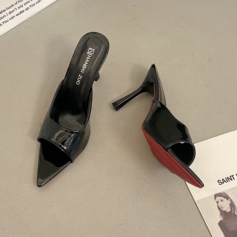 Women's Summer New Pointed Toe Stiletto Heel Sandals, Patent Leather Slip-On Heels