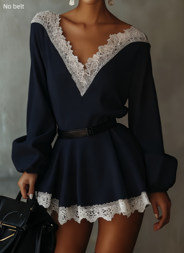 Lace V neck Fitted Waist Lantern Sleeve Short Dress, Women's Long sleeved Elegant Jumpsuit Blue - Shop at LoveMi