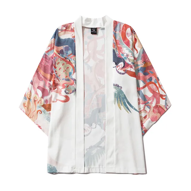 Japanese Retro Ukiyo e Dragon Robe Hanfu Loose Buttonless Shirt Picture Color L - Shop at LoveMi