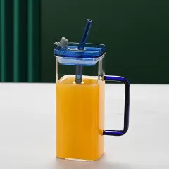 Blue Glass Straw Cup, 6 Colours Square Glass Cup With Straw And Lid, High Borosilicate Glass Cup, Milk Cup, Juice Cup, Cold Drink Cup, Coffee Cup, T... - View 1