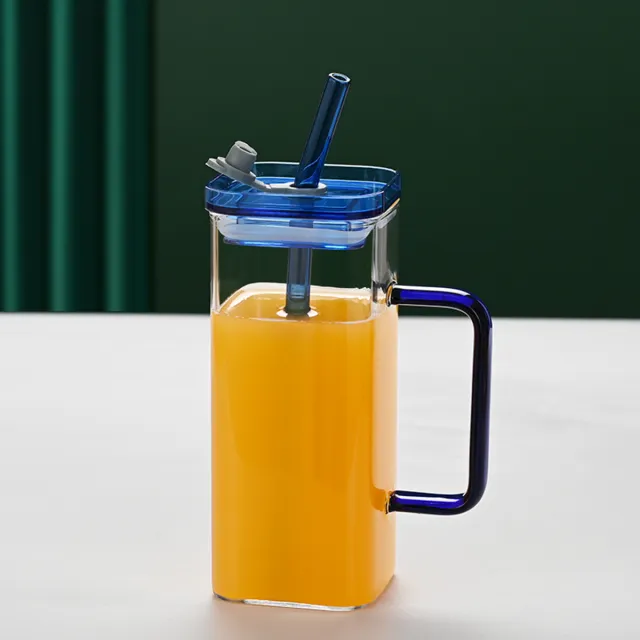 Blue Glass Straw Cup, 6 Colors Square Glass Cup With Straw And Lid, High Borosilicate Glass Cup, Milk Cup, Juice Cup, Cold Drink Cup, Coffee Cup, T... - Shop at LoveMi
