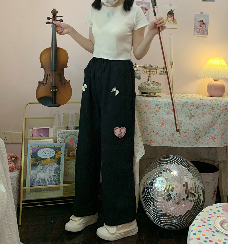 Title 3, Wide Leg Pants Love Patch Bow StraightStudent C...