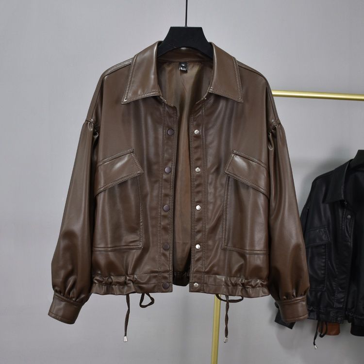 Korean Retro Bf Style Loose Leather Jacket Coffee - Shop at LoveMi