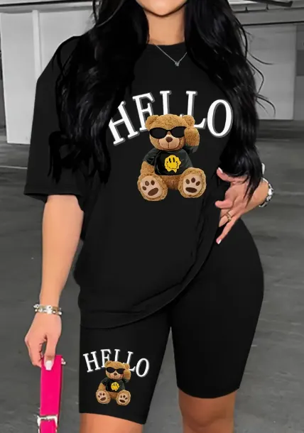 Bear & Letter Print Matching Two piece Set, Casual Short Sleeve T shirt & Skinny Shorts Outfits, Women's Clothing Black - Shop at LoveMi