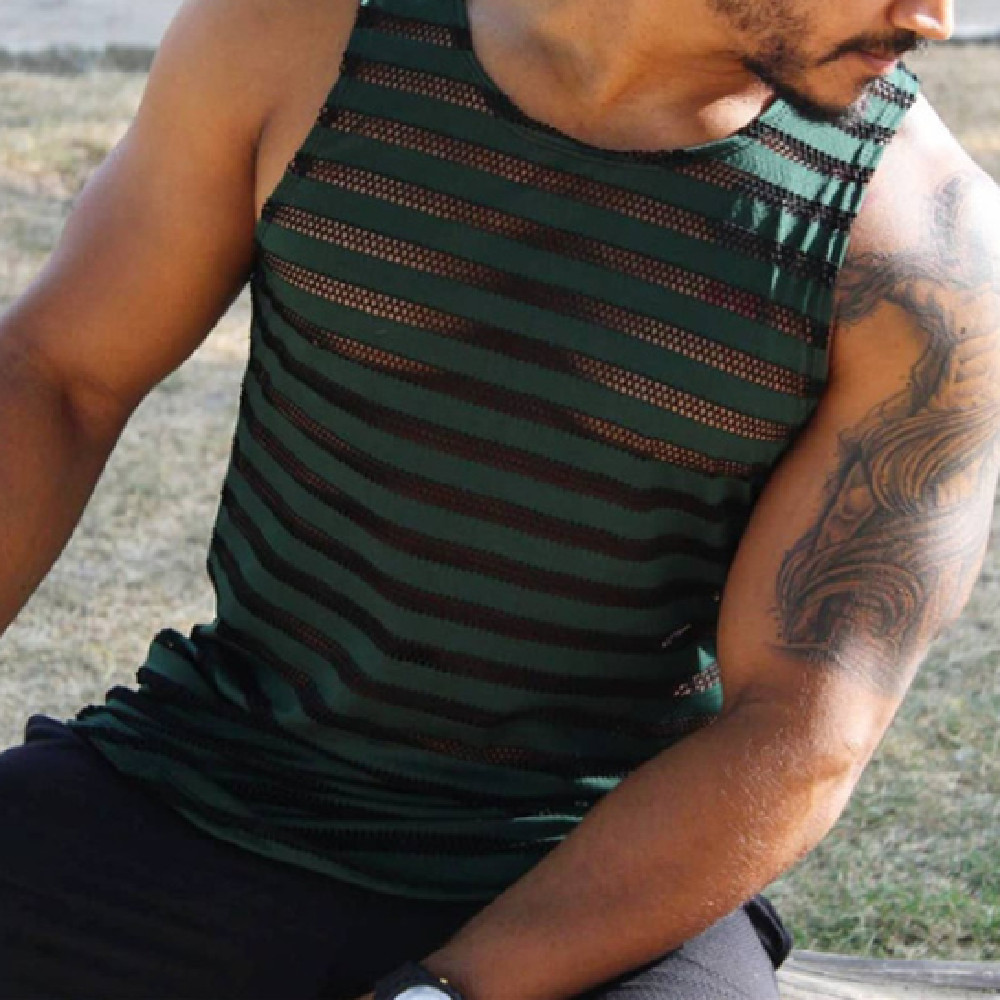 European And American Size Men's Casual Sexy Mesh Striped Vest - Image 9