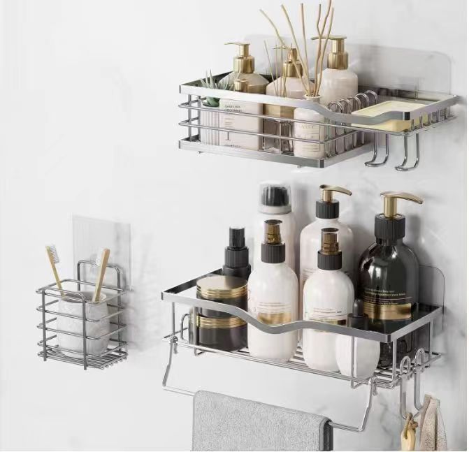 Shower caddy with hooks and soap dish, shower organizer, bathroom shelf, stainless steel set of 3 pieces. Solid and stable construction, large storage space, easy tool-free installation, practical design features. Fits most smooth surfaces.