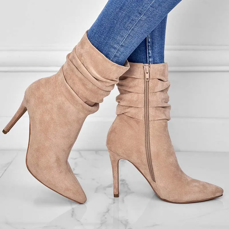 Pointed Toe Stiletto Heel Ankle Boots For Women Side Zipper Shoes - Apricot