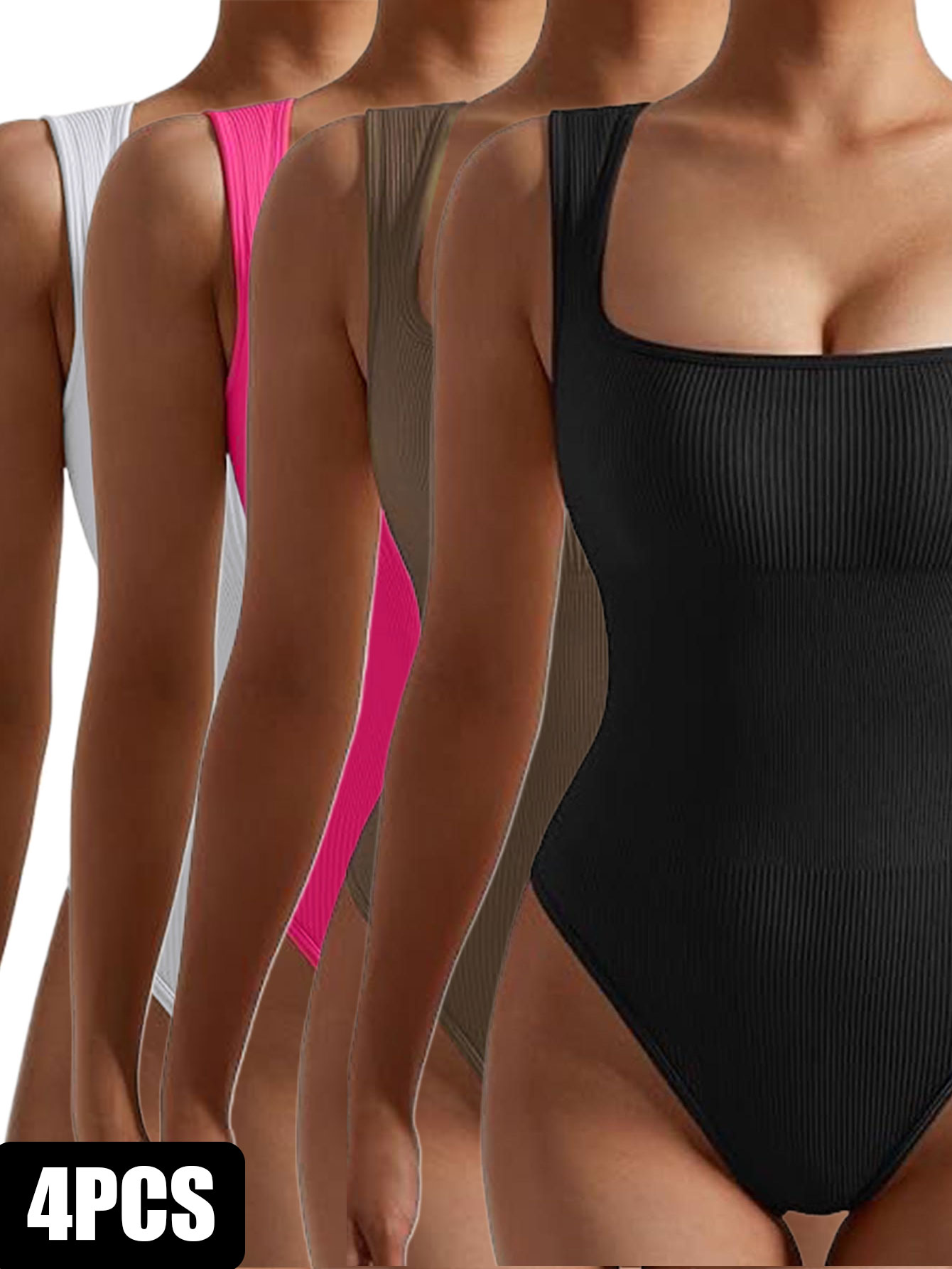 4 Pack Women Jumpsuit Workout Romper Short Sleeve Gym One Piece Bodycon Unitards Tummy Control Yoga Bodysuit 4Pack2 M - Shop at LoveMi