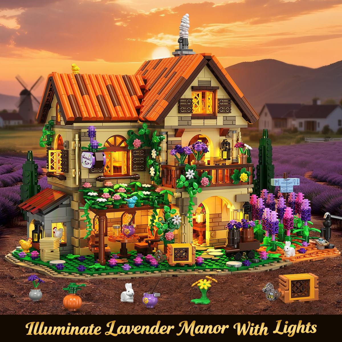 Lavender Manor House Building Set With Lights, 1960 PCS Lavender Estate Construction Model Home Decor, Romantic Lavender Flowers Cottage Building Block Kit Gift For Adults Teens Boys Girls — foto 5