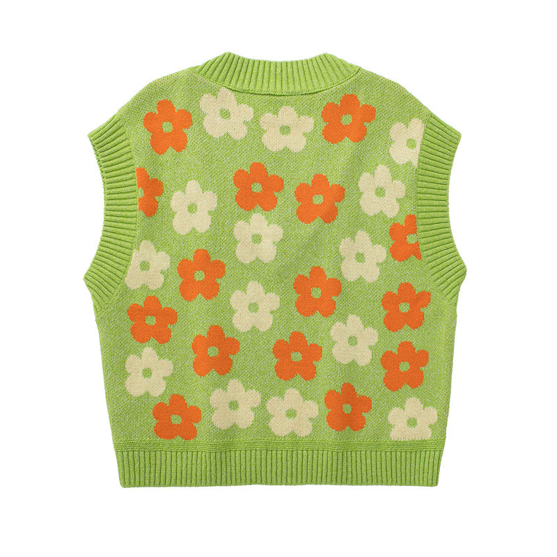 Women's Fashion Preppy Floral Pattern Knitted Cotton Green Vest