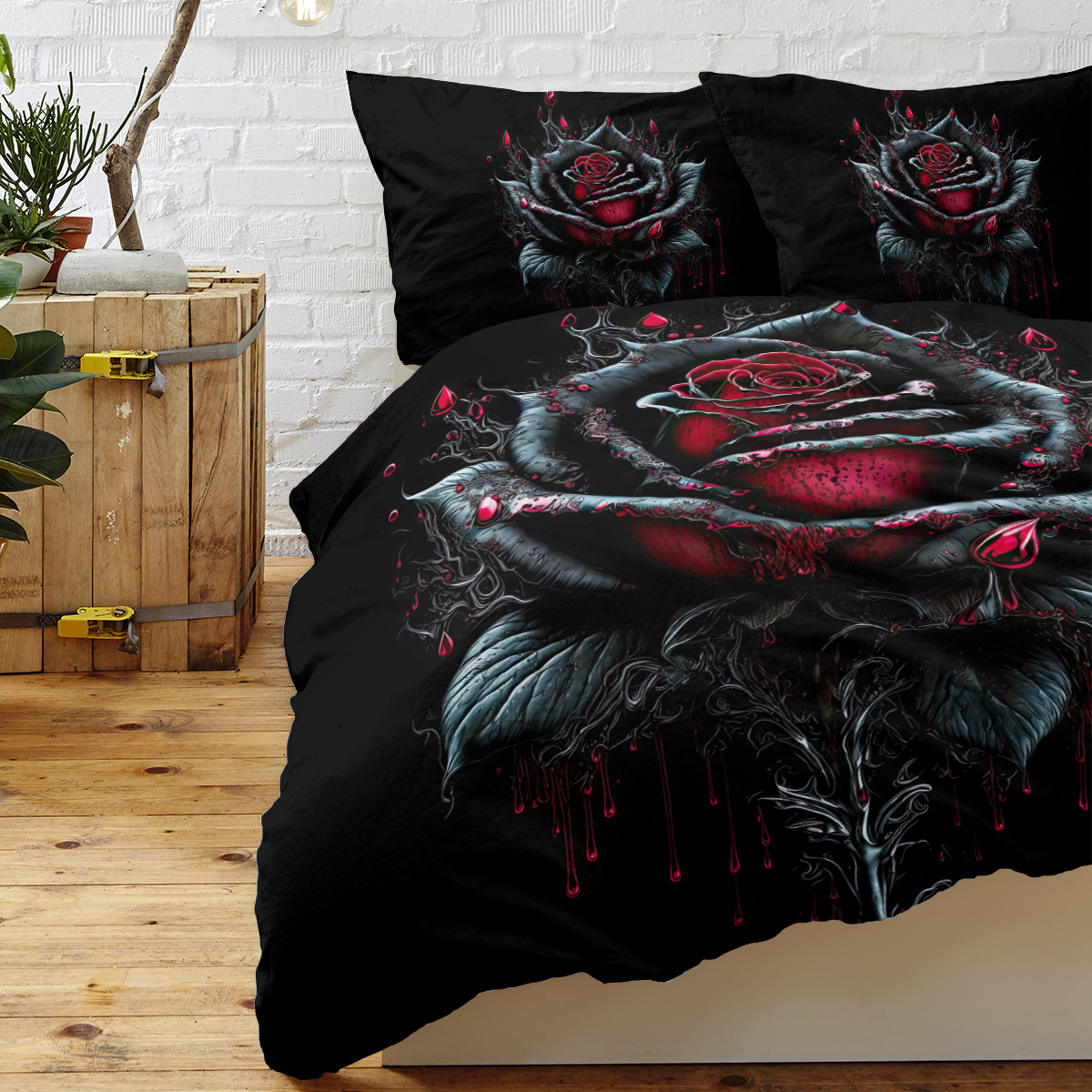 Blood Ink Rose Print Printed Duvet Cover Set - Black Microfiber Bedding... 3