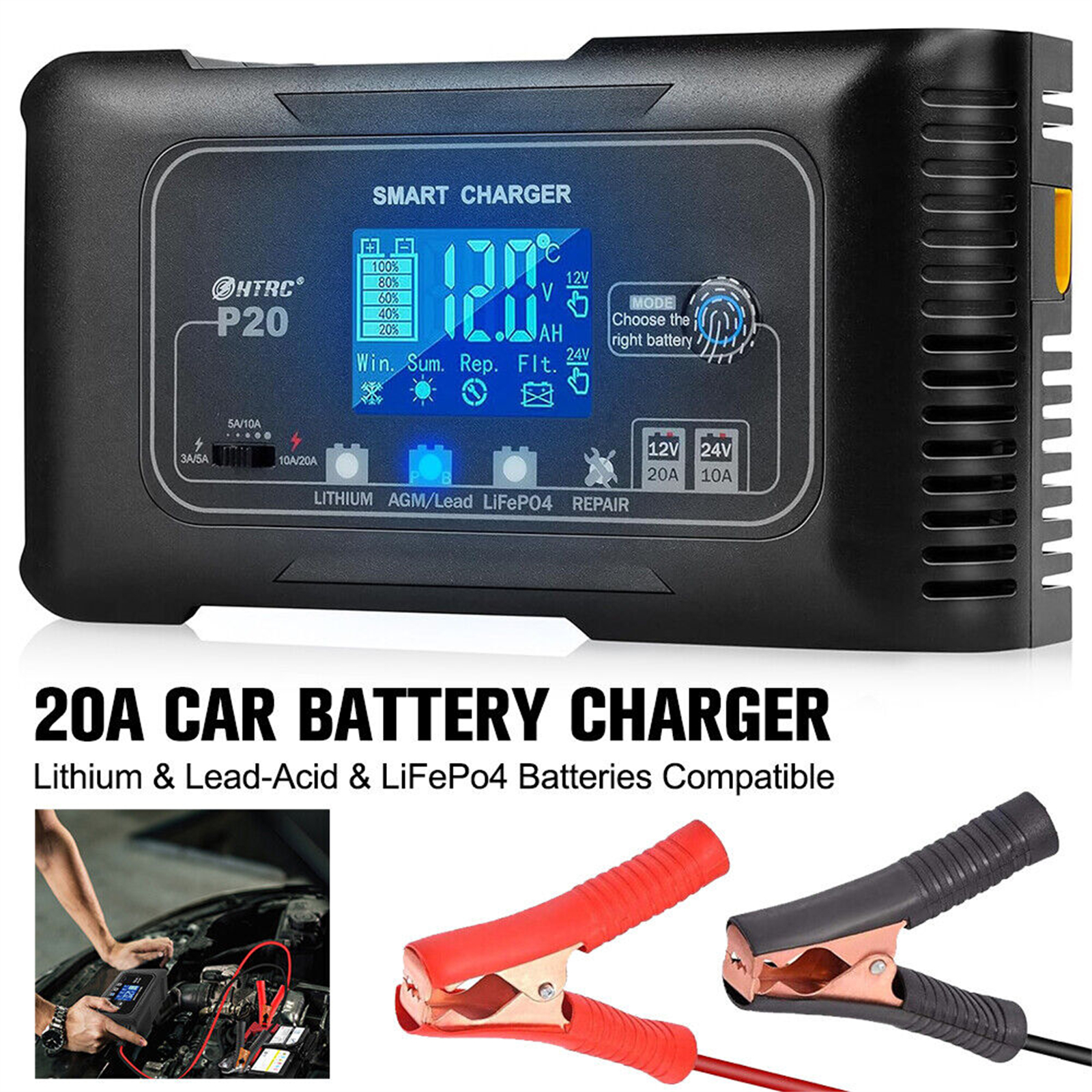 Automatic Car Battery 12 24V Charger For Lithium Lifepo4 Lead-Acid AGM Gel SLA,20-Amp Car Battery Charge,Automatic Car Battery 12 24V Charger For Lithium Lifepo4 Lead-Acid AGM Gel SLA