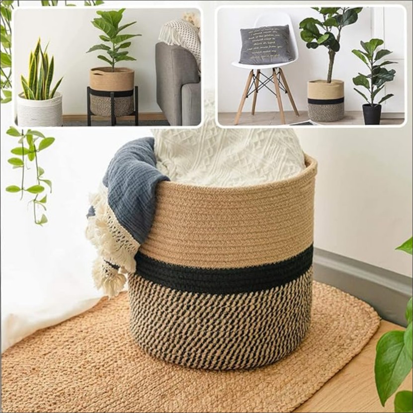 Cotton Woven Storage Basket Hamper. Cotton rope. Household laundry basket-- clothes basket storage organizer whether it is a basket of storage or a basket of plants, it is a beautiful decorative ornament. Indoor clothes basket-- the woven design is more n